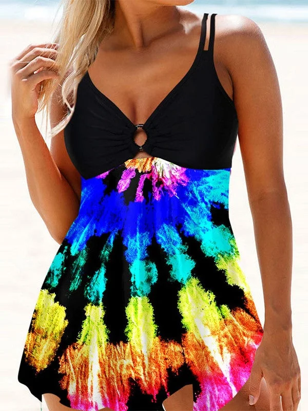 Plus Size Swimwear Sleeveless Bright Graphic Striped Lace-up Bikini,