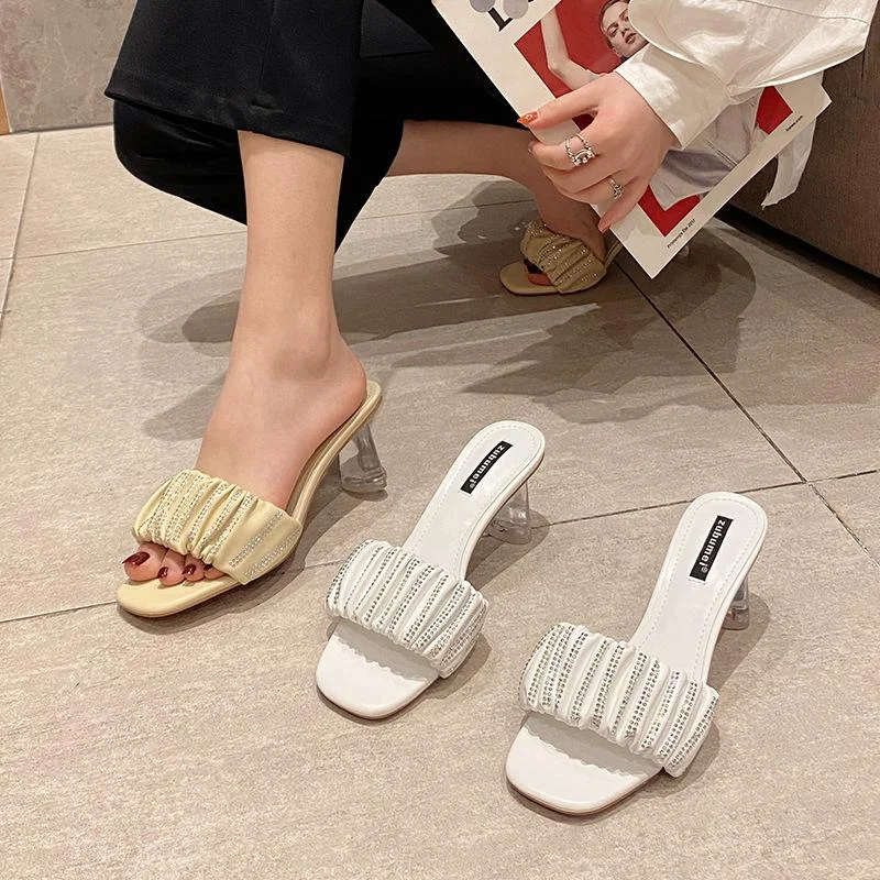 One word with rhinestones high-heel square-toe thick-heel slippers