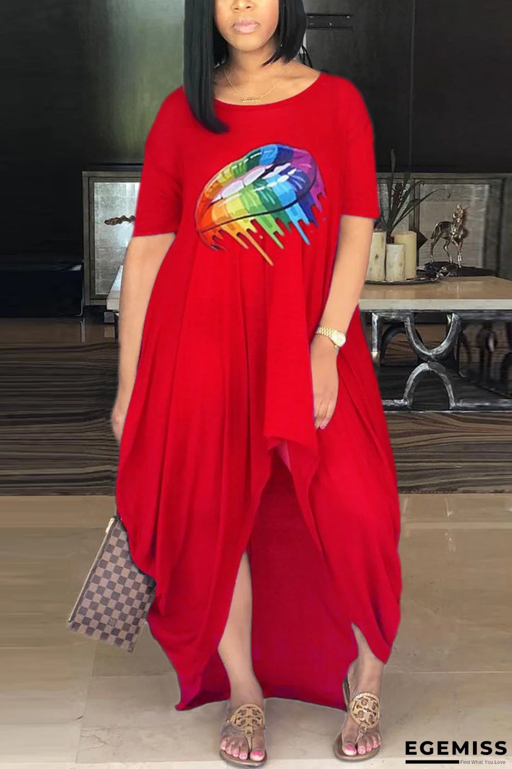Red Fashion Printing Loose Irregular Dress | EGEMISS