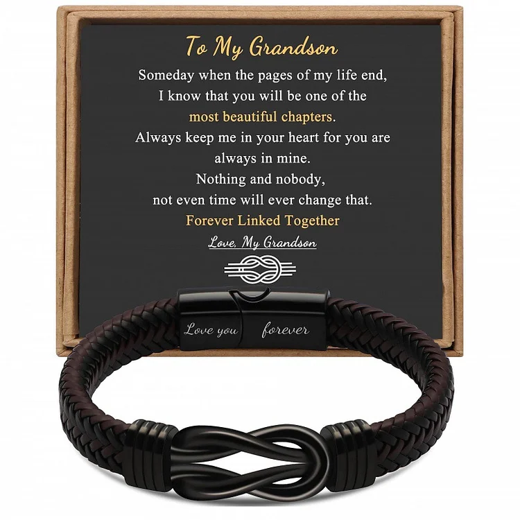 To My Grandson Love You Forever Stainless Steel Magnetic Buckle Engraved Woven Leather Bracelet