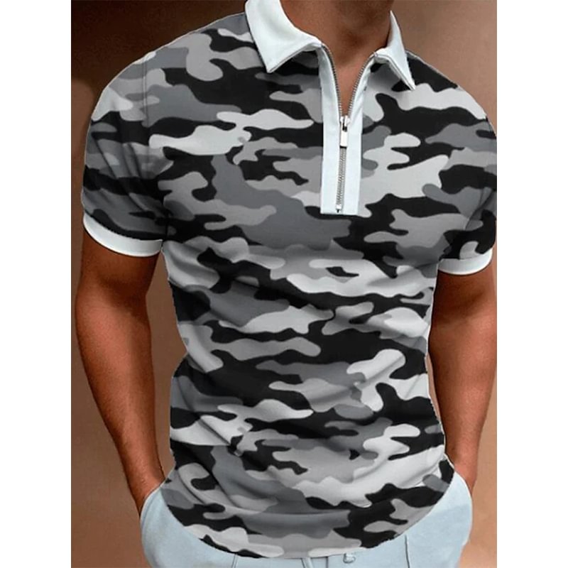 Camouflage Pattern Casual Short Sleeve Tops Zipper Men's Polo Shirts-VESSFUL