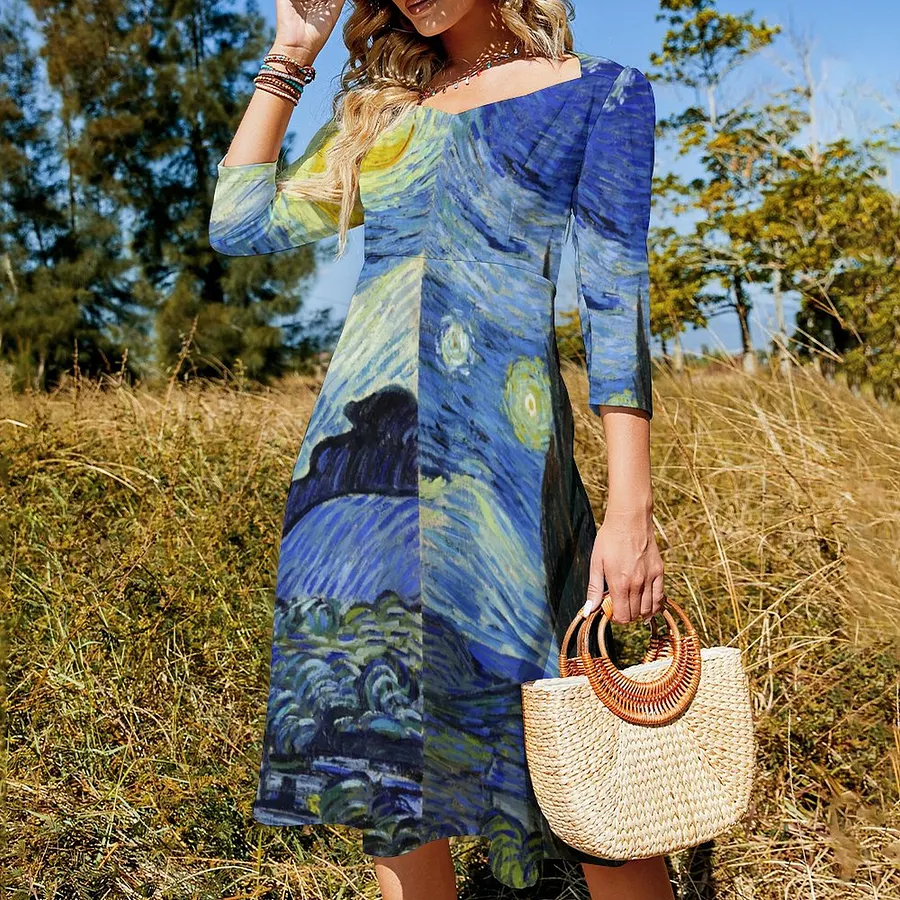 Starry Night By Van Gogh Dress Sweetheart Tie Back Flared 3/4 Sleeve Midi Dresses Star-XL Starry Night By Van Gogh Dress Sweetheart Tie Back Flared 3/4 Sleeve Midi Dresses Star-XL