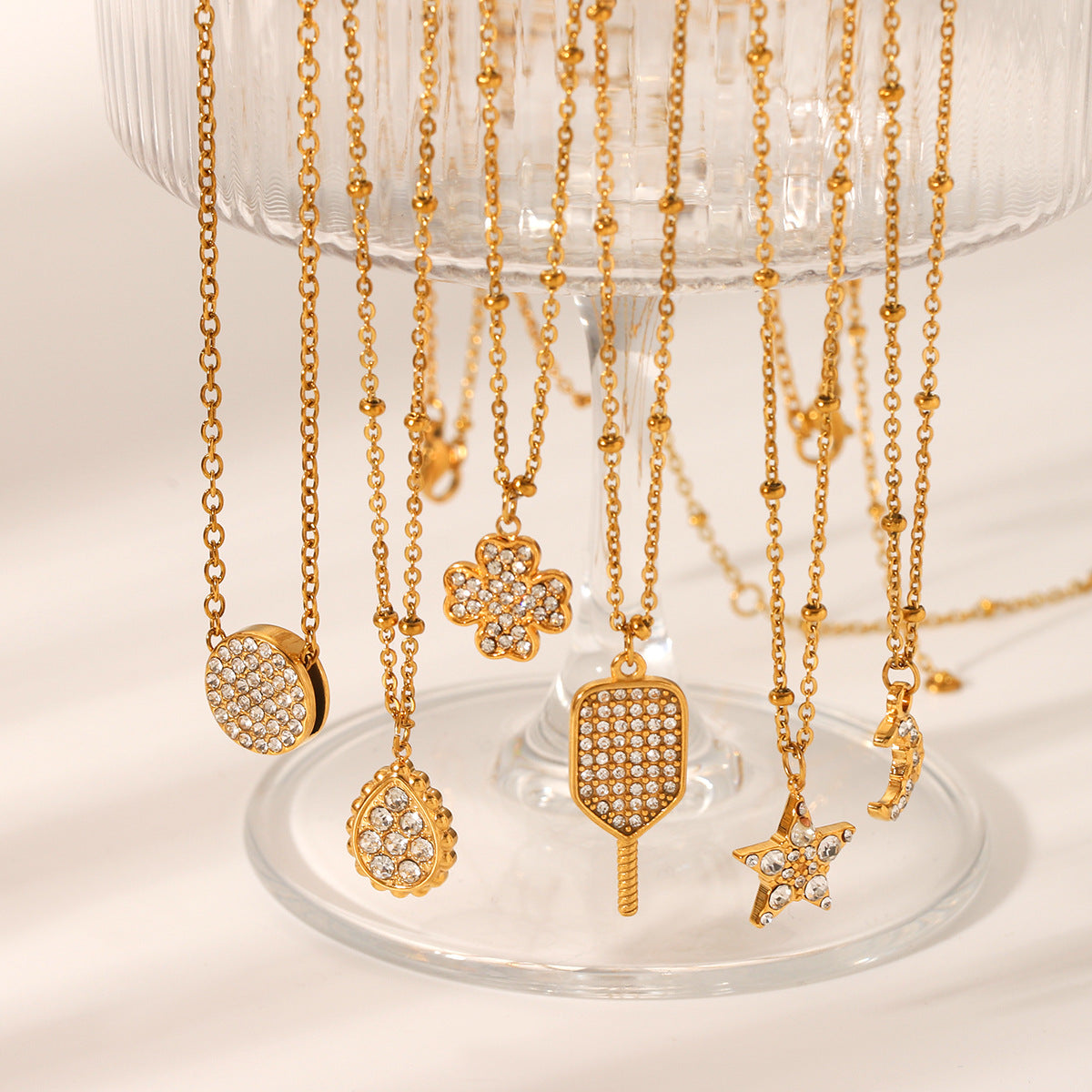 Ins18K Gold Stainless Steel Diamond Water Drop Moon Five-Pointed Star Four-Leaf Clover Pendant Necklace Titanium Steel Clavicle Chain