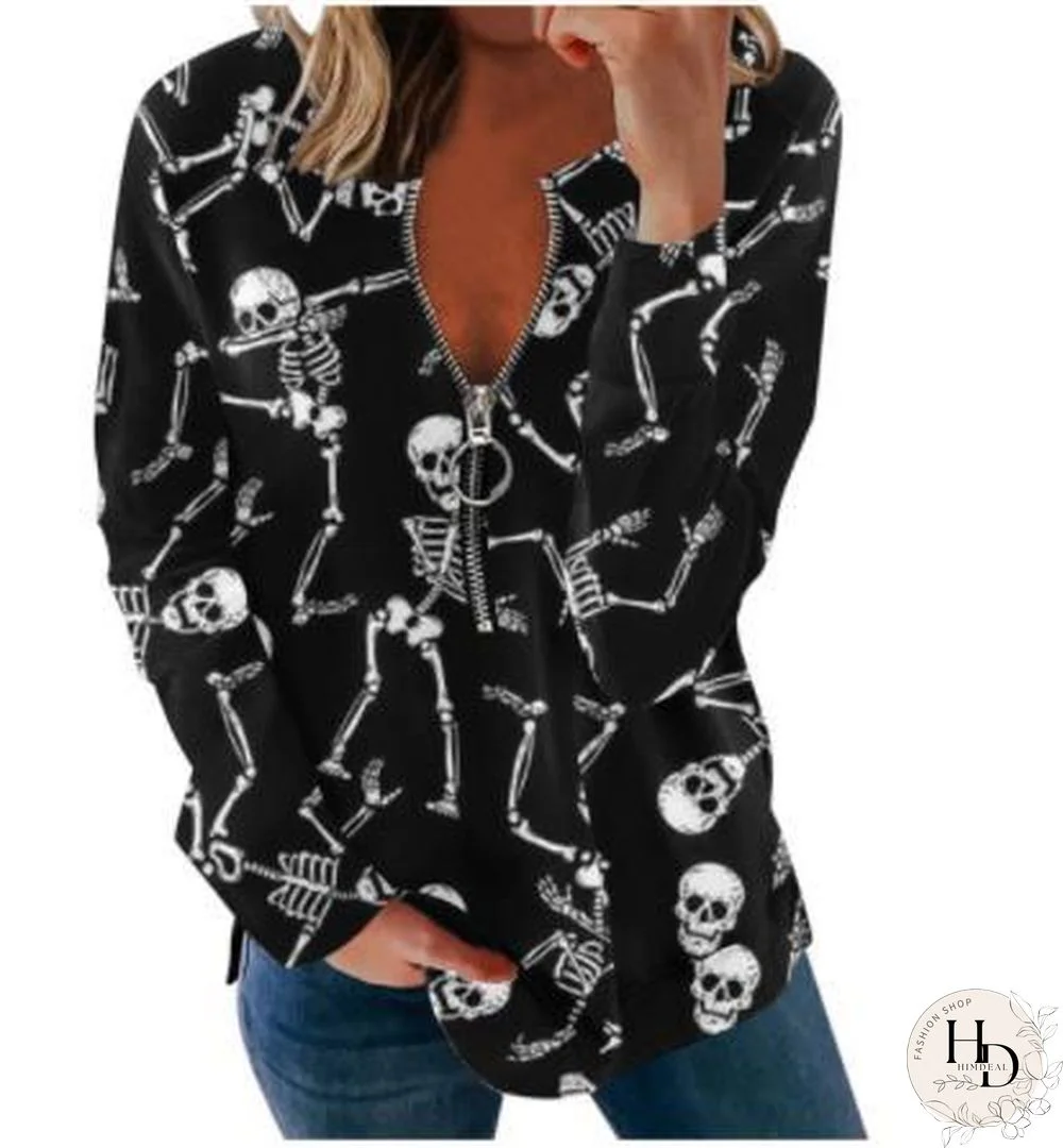 Women Halloween Long Sleeve Sweatshirts Pumpkin Ghost Printed Loose Tops Round Neck Tee Casual Autumn Party Zipper Streetwear