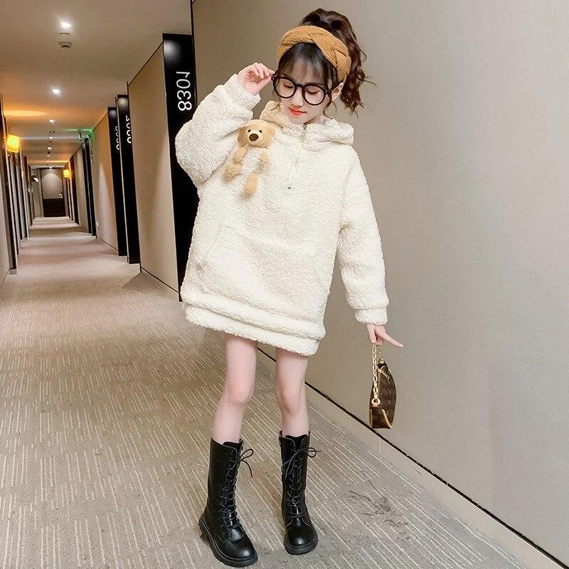 Cute Bear Winter Spring Autumn Sweater Warm Kids Girl Hood Plus Velvet Lamb Wool Thicken Outfits Baby Toddler Children