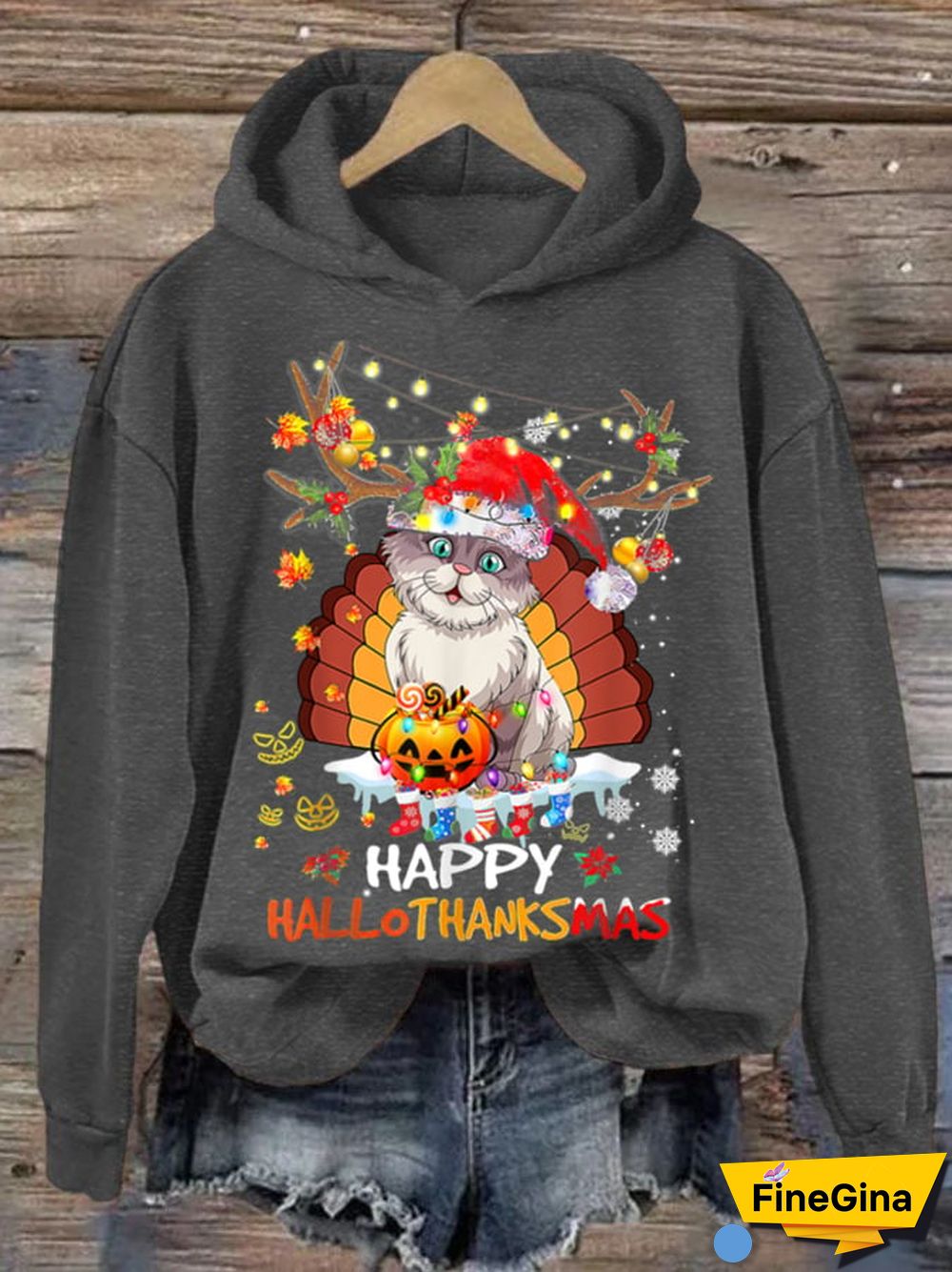 Women's Happy Hallothanksmas Cute Cat Hoodie
