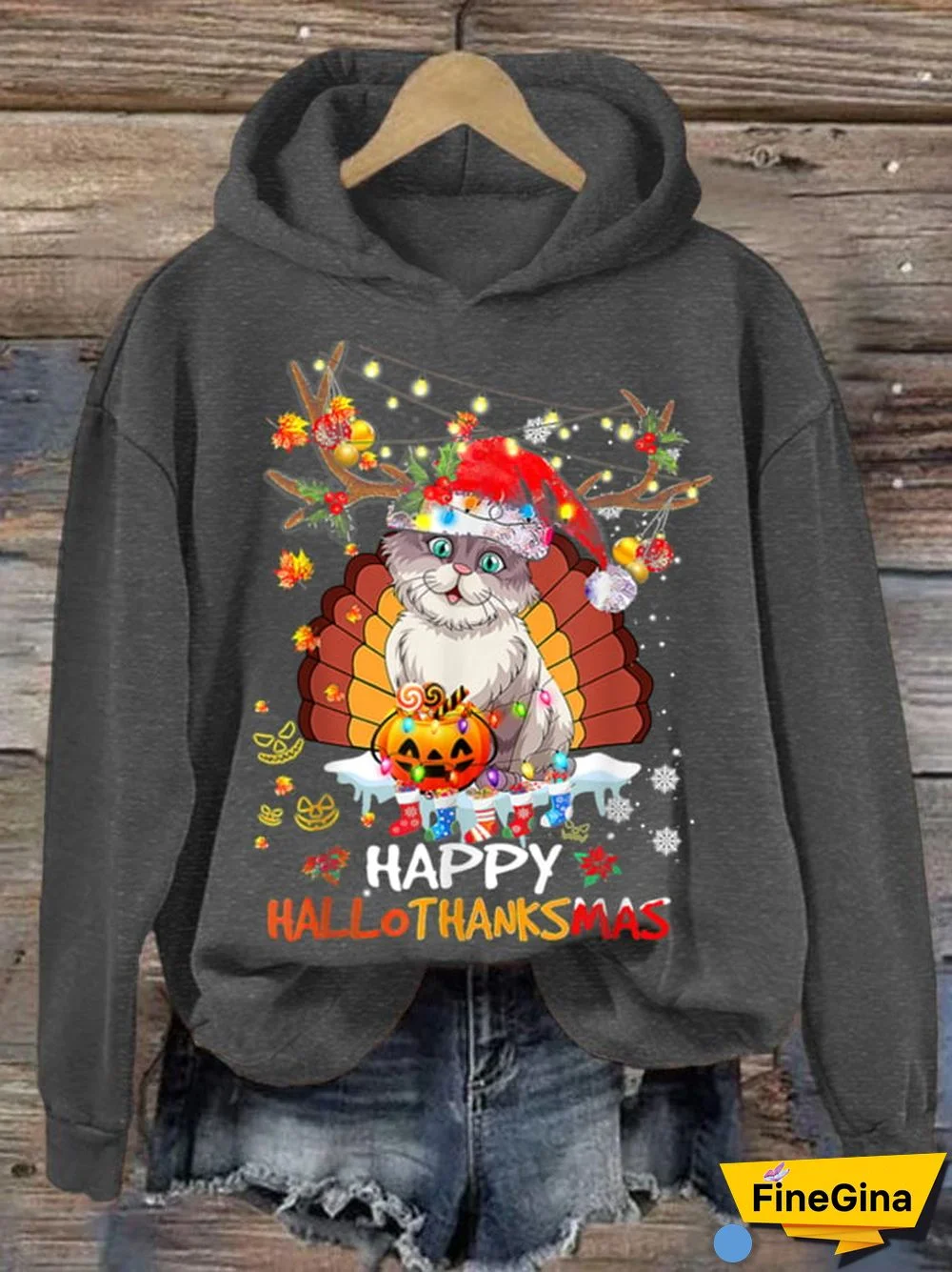 Women's Happy Hallothanksmas Cute Cat Hoodie