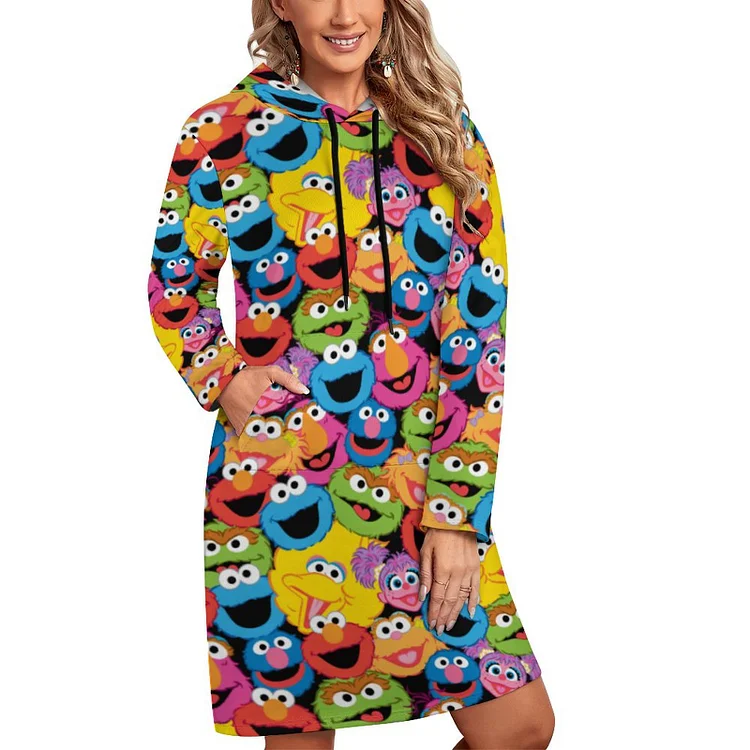 S-5XL Sesame Street Character Eyes Faces Women's Pullover Hooded Kangaroo Pocket Sweatshirt Casual Hoodie Dress - Heather Prints Shirts