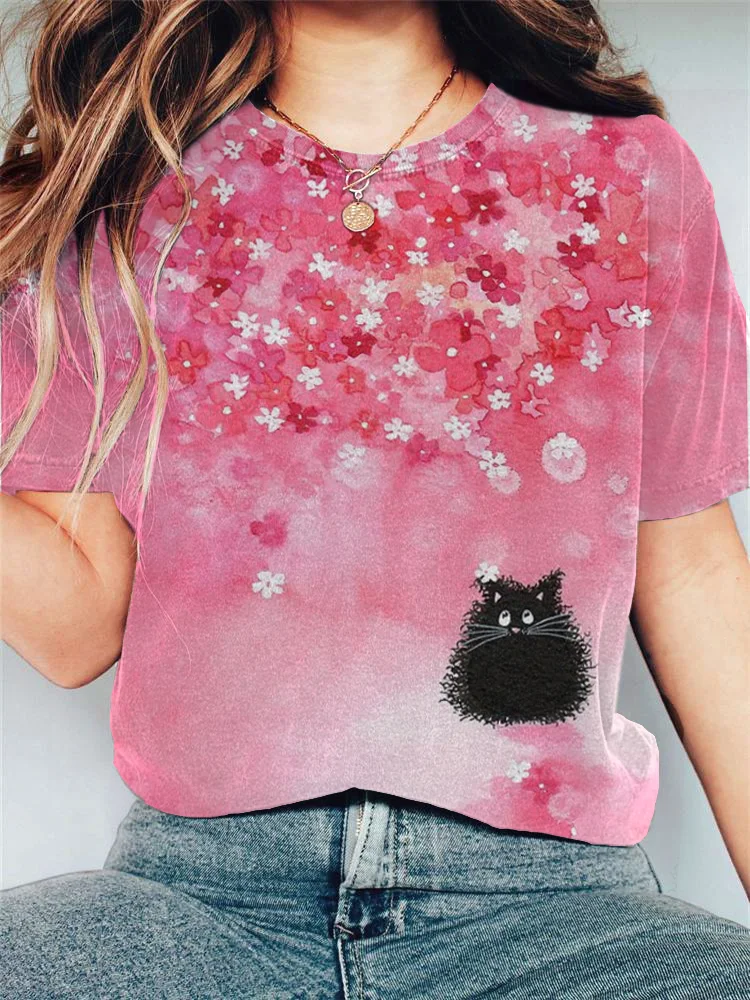 VChics Sakura Black Cat Print Cotton Blend Shirt