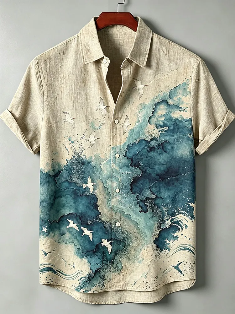 Men's Retro Watercolor Wave And Seagull Print Linen Short-sleeve Shirt  artssus