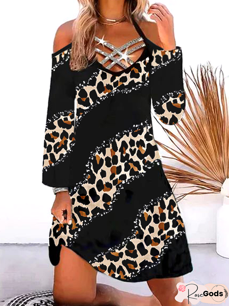 Leopard Streamline Pattern Off-Shoulder Silver Sequined Webbing Neckline Sexy Dress Casual V Neck Leopard Knitting Dress