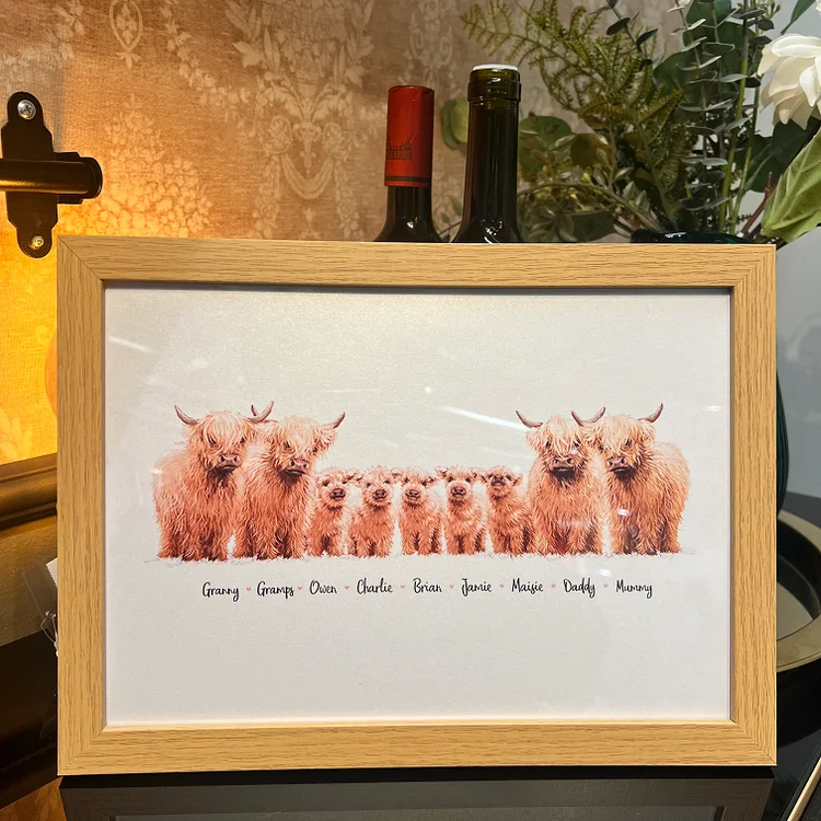 Highland cow family portrait print with any names, christmas gifts for mum or dad, personalised gifts, mother in law gift
