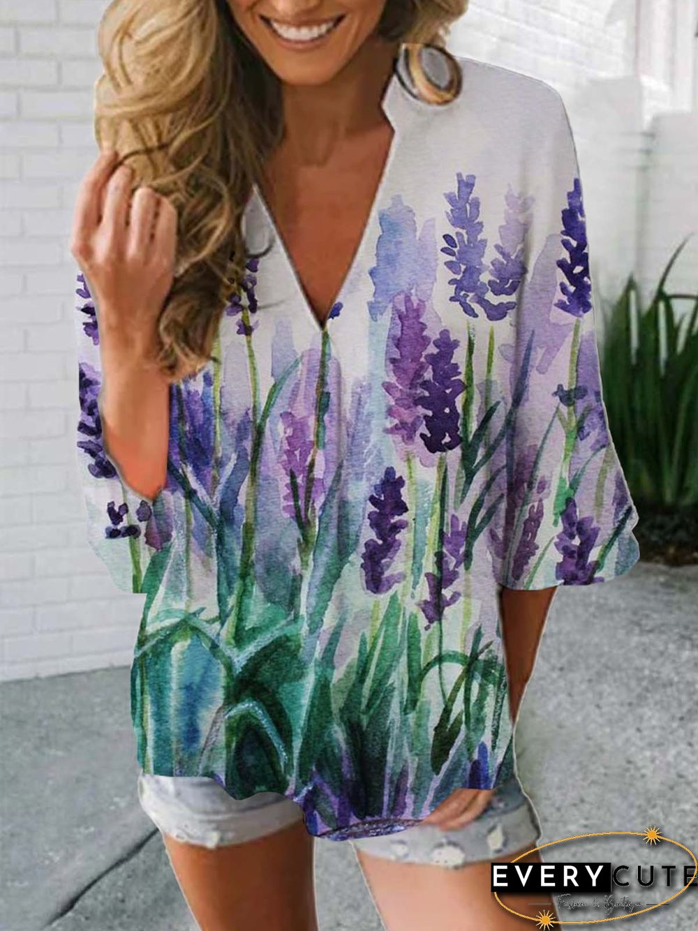 Floral Half Sleeve Printed Polyester V neck Casual Summer Blue Top
