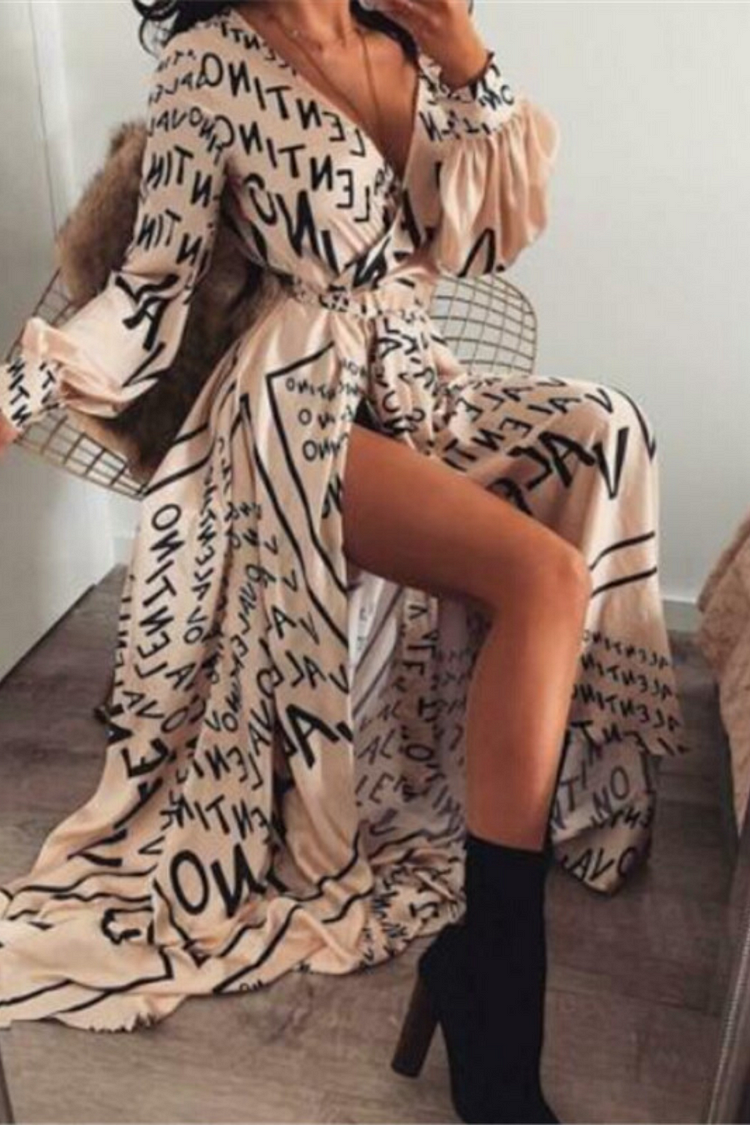 Boho Long Sleeve Sexy Deep V-neck Casual Fashion Evening Dress