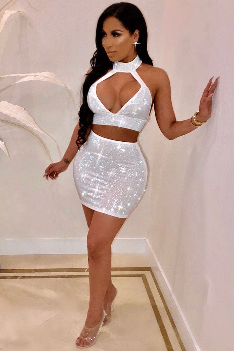 Rhinestone V Neck Halter Crop Top Mini Skirt Party Two Piece Set