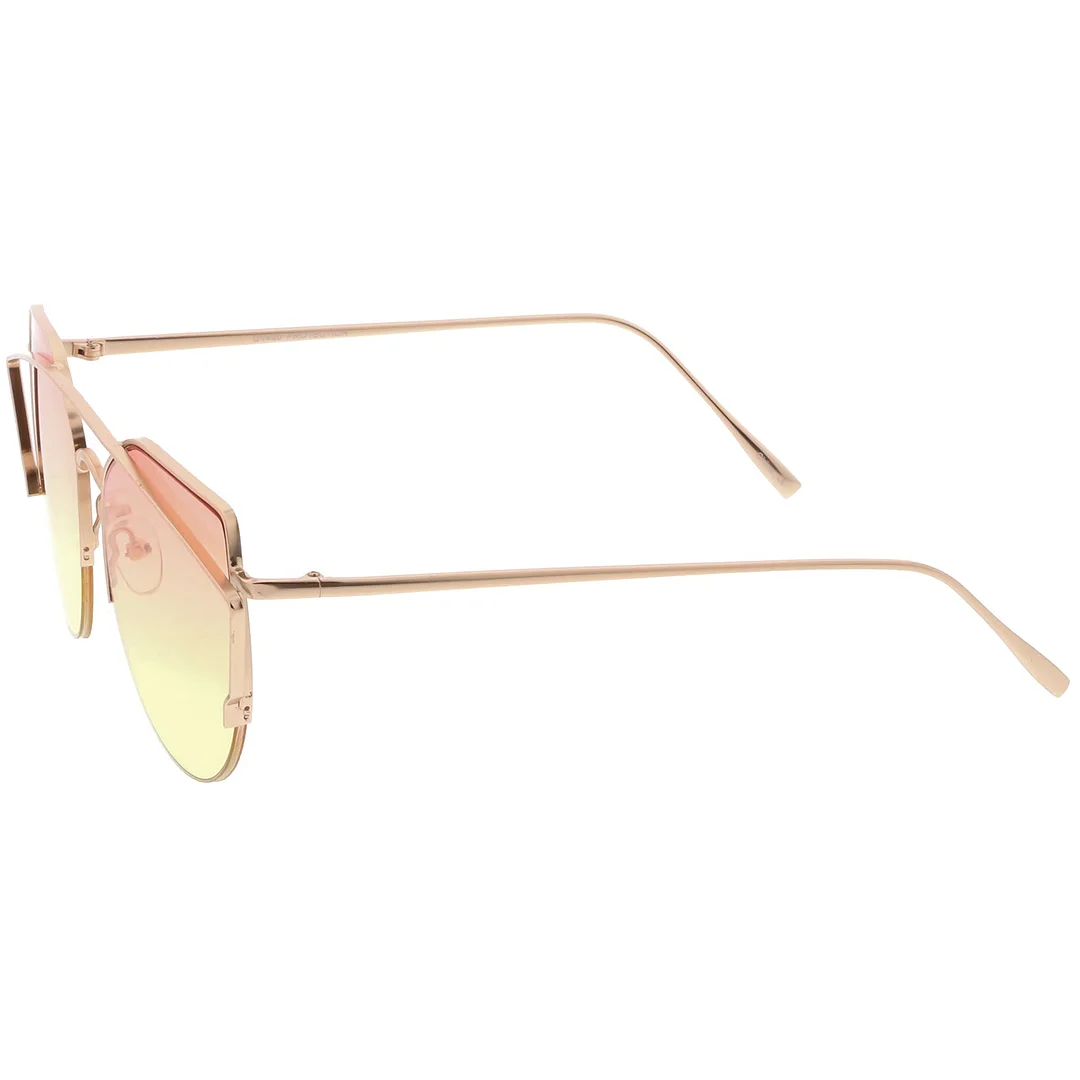 Women's Semi Rimless Metal Brow Bar Round Colored Flat Lens Cat Eye glasses