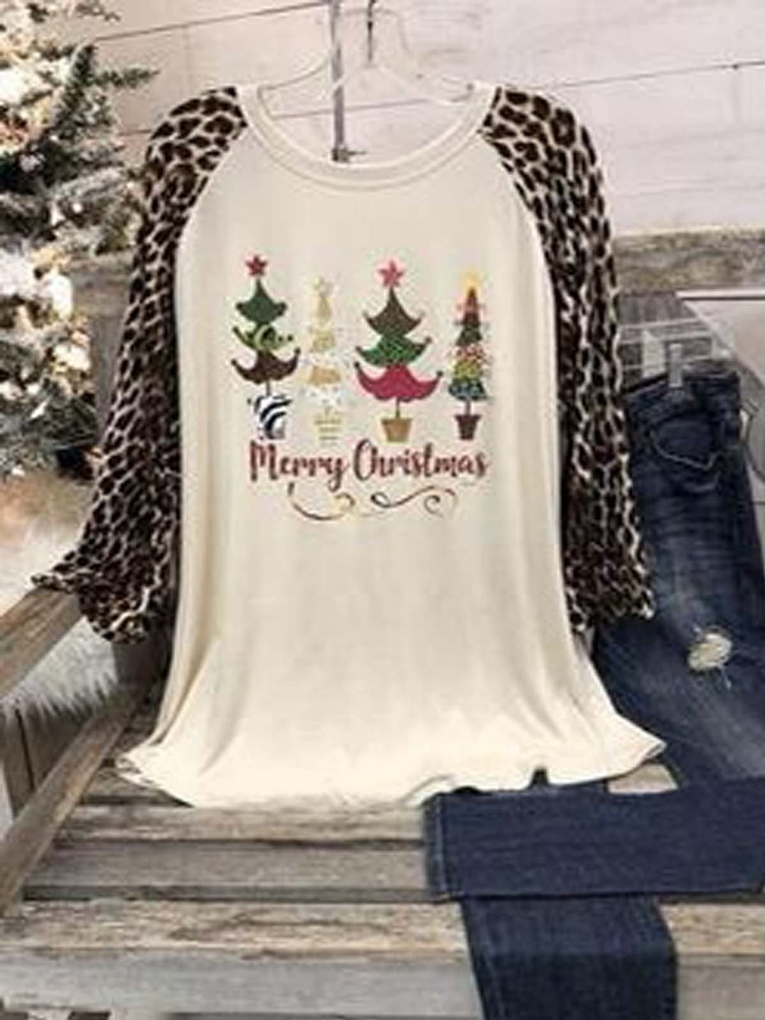 Plants Long Sleeve Printed Lightweight Cotton-blend Crew Neck Winter White Top