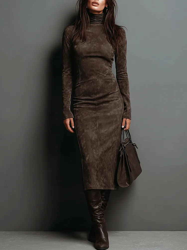 Elegant Long Sleeve Faux Suede Midi Dress