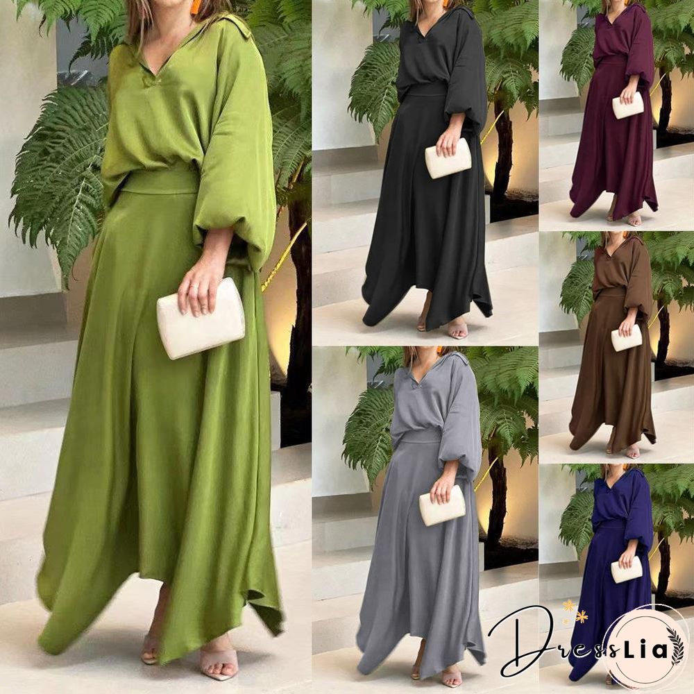 Summer New Loose Solid Color Long-sleeved Top High-waisted Half-length Suit Vintage Dress
