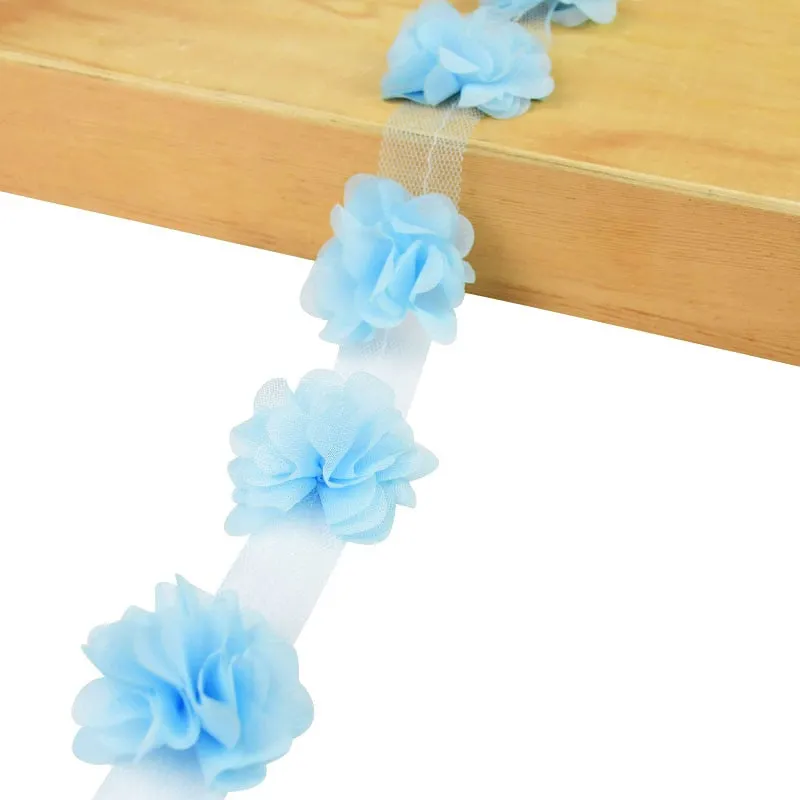 2Yards 24Pcs Flowers 3D Chiffon Cluster Flowers Lace Dress Decoration Lace Fabric Applique Trimming DIY Crafts Sewing Supplies