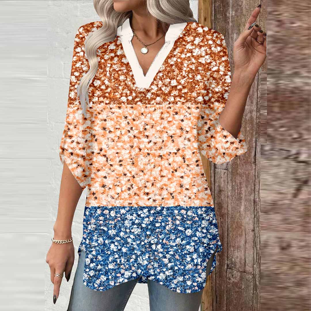 Women Floral, Blue, Patchwork DZGA0051 3/4 Sleeve V-neck Printed Graphic Button Tops