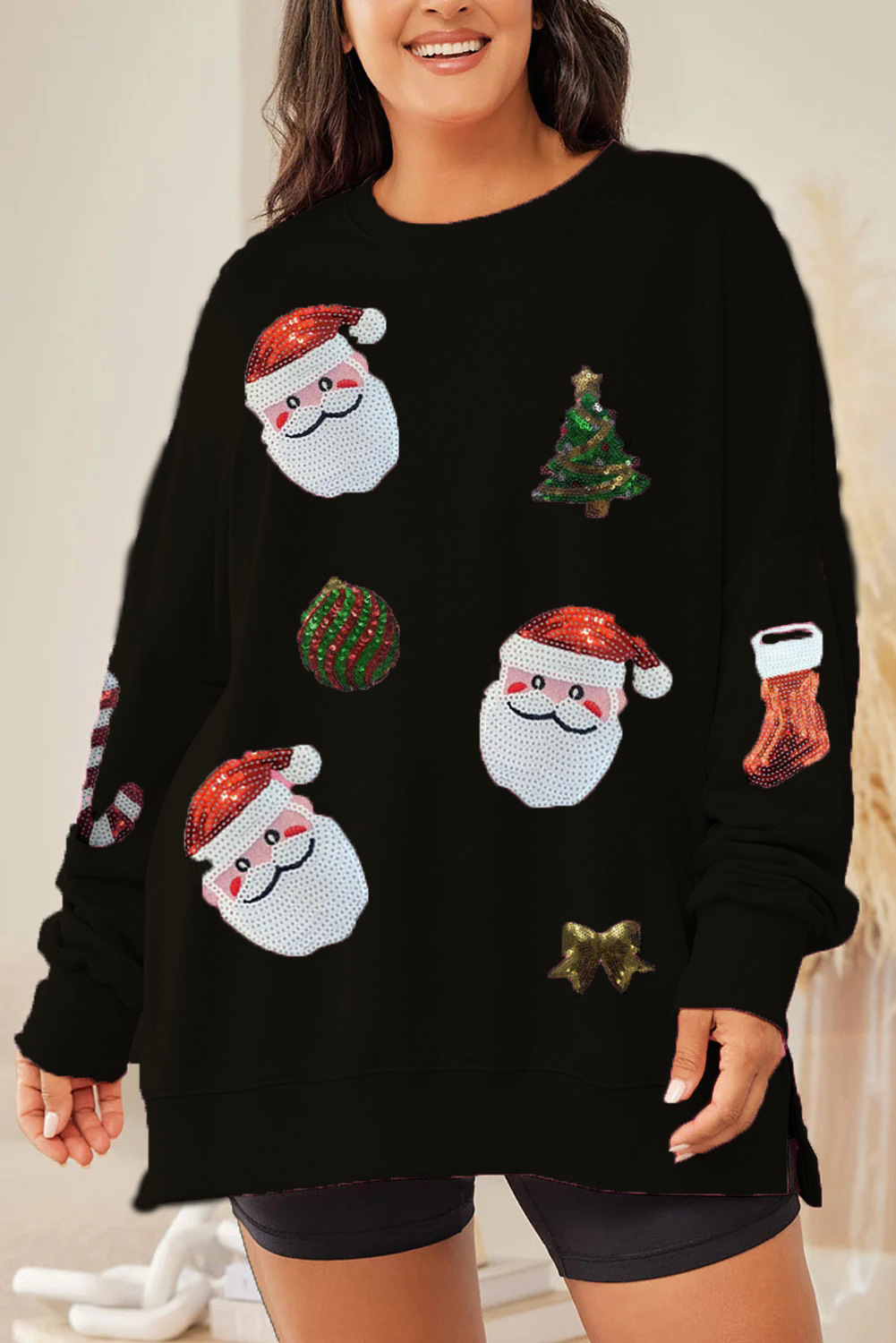 Mature Women's Christmas Sequined Top Loose Casual Long Sleeves Sweater