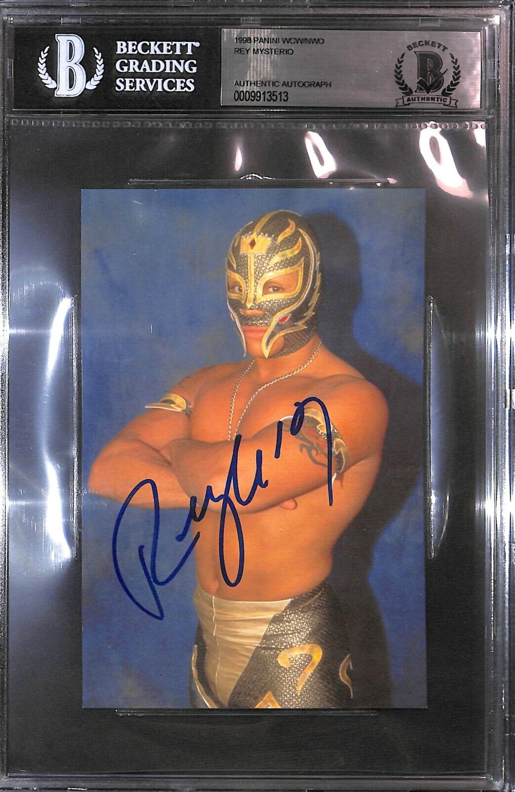 Rey Mysterio Signed 1998 Panini WCW/nWo 4x6 Rookie Photo Poster painting Card #73 BAS COA RC WWE