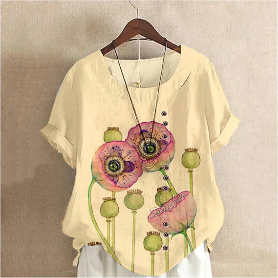 Women'S Watercolor Elegant  Poppy Pattern Cotton And Linen Short Sleeve Top