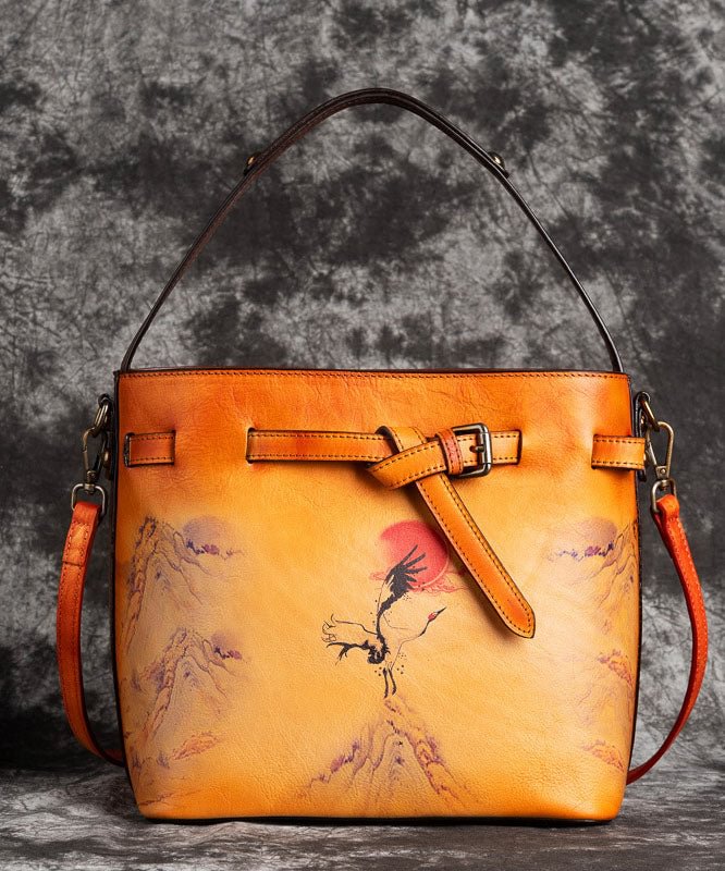 DIY Red Brown Print Paitings Calf Leather Tote Handbag CK1304- Fabulory
