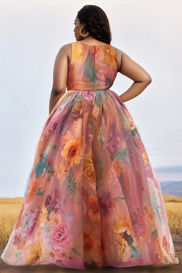 Xpluswear Design Plus Size Wedding Guest Pink Floral V Neck Sundress Tulle Maxi Dresses