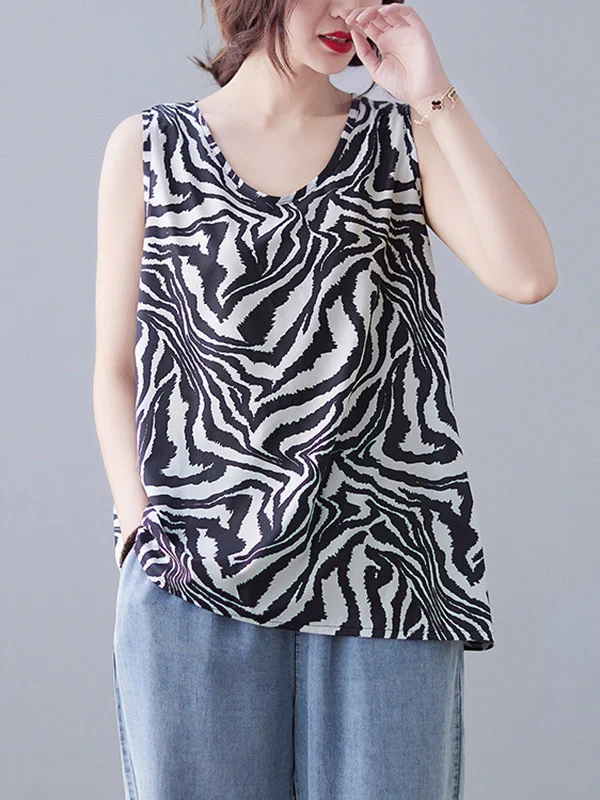 Original Zebra Stamped Sleeveless V-Neck Vest Tops