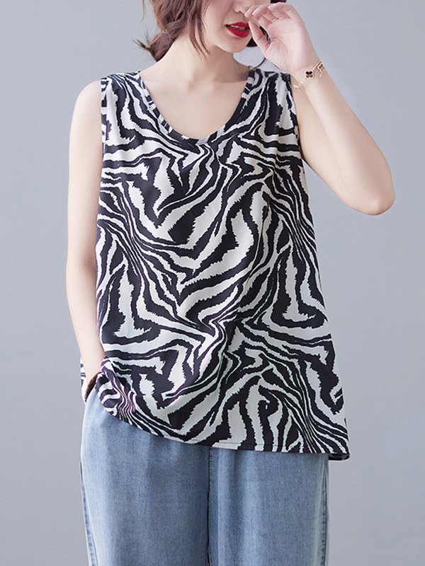 Original Zebra Printed Sleeveless V-Neck Vest Tops