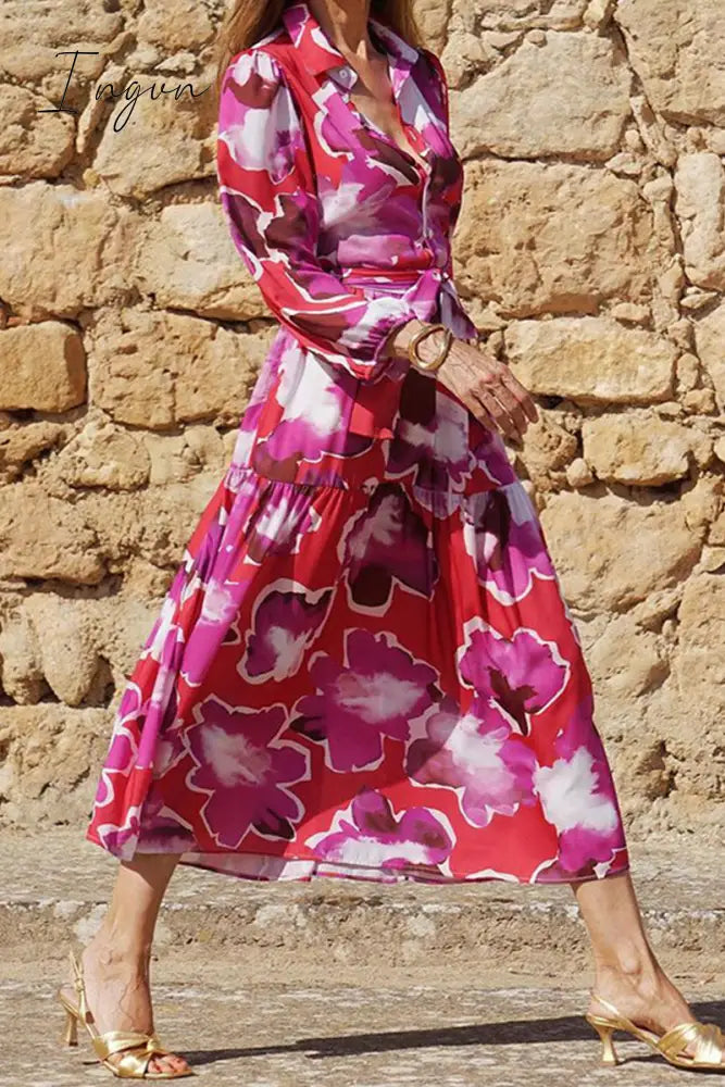 Sweet Elegant Floral Pocket Turndown Collar Printed Dress Dresses Rose Red / S Dresses/Floral
