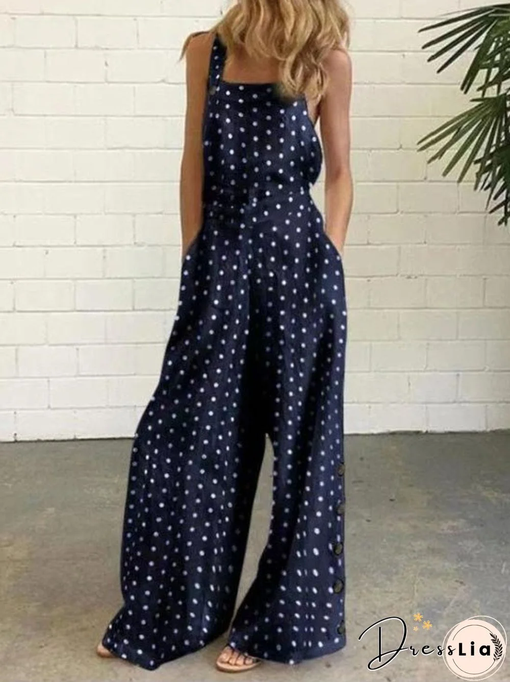 Women'S Jumpsuits Polka Dot Print Button Sleeveless Pocket Jumpsuit