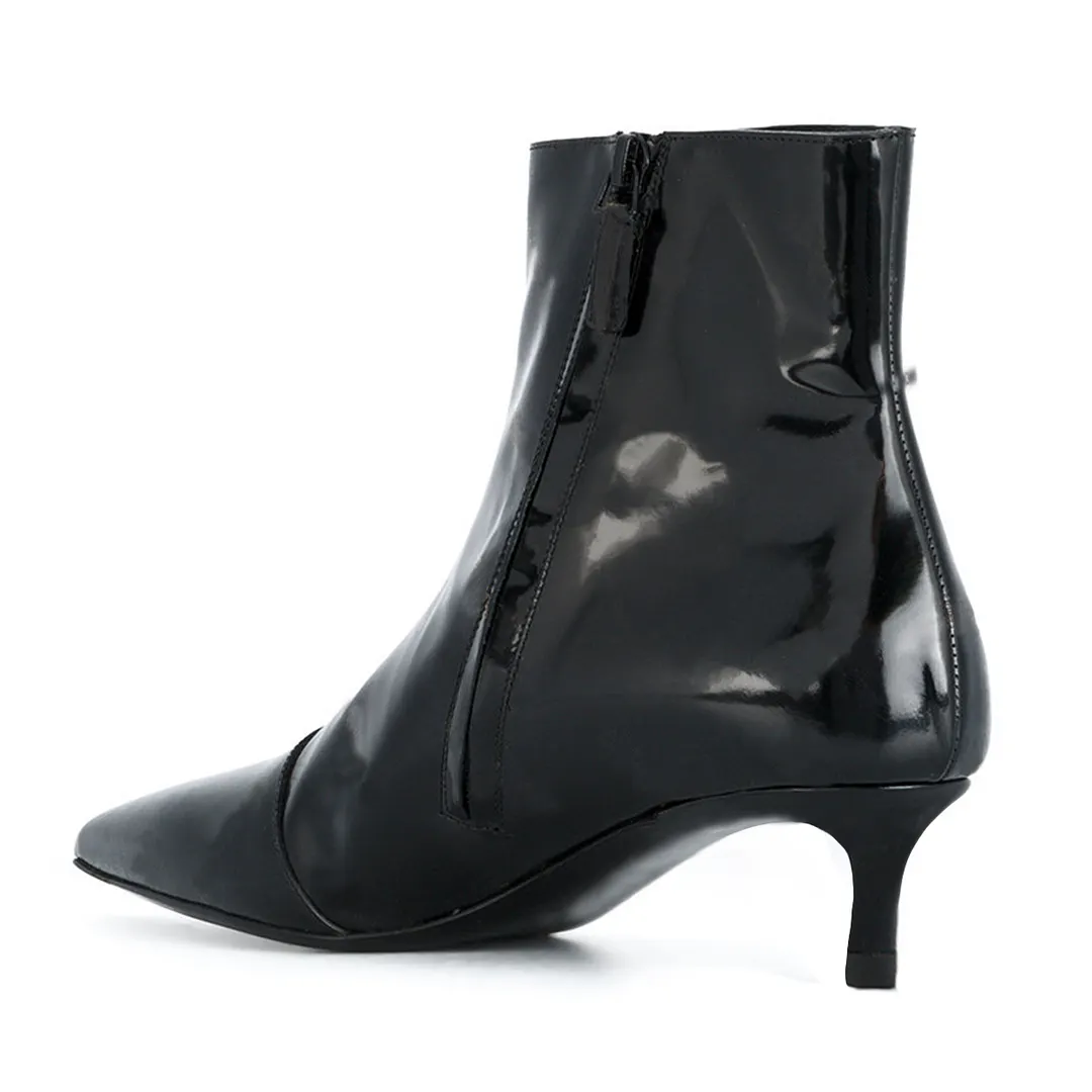 Stylish Vegan Leather Pointed Toe Black Ankle Boots with Kitten Heel