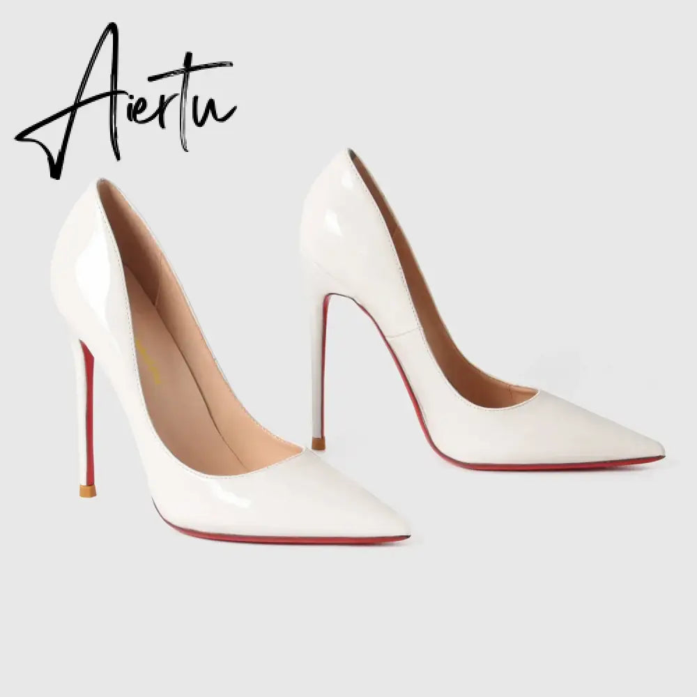 New Luxury Brand Pumps Women Shoes Red Shiny Bottom Pointed Toe Black High Heel Shoes Thin Heel 12cm Sexy Wedding Shoes 44 Aiertu