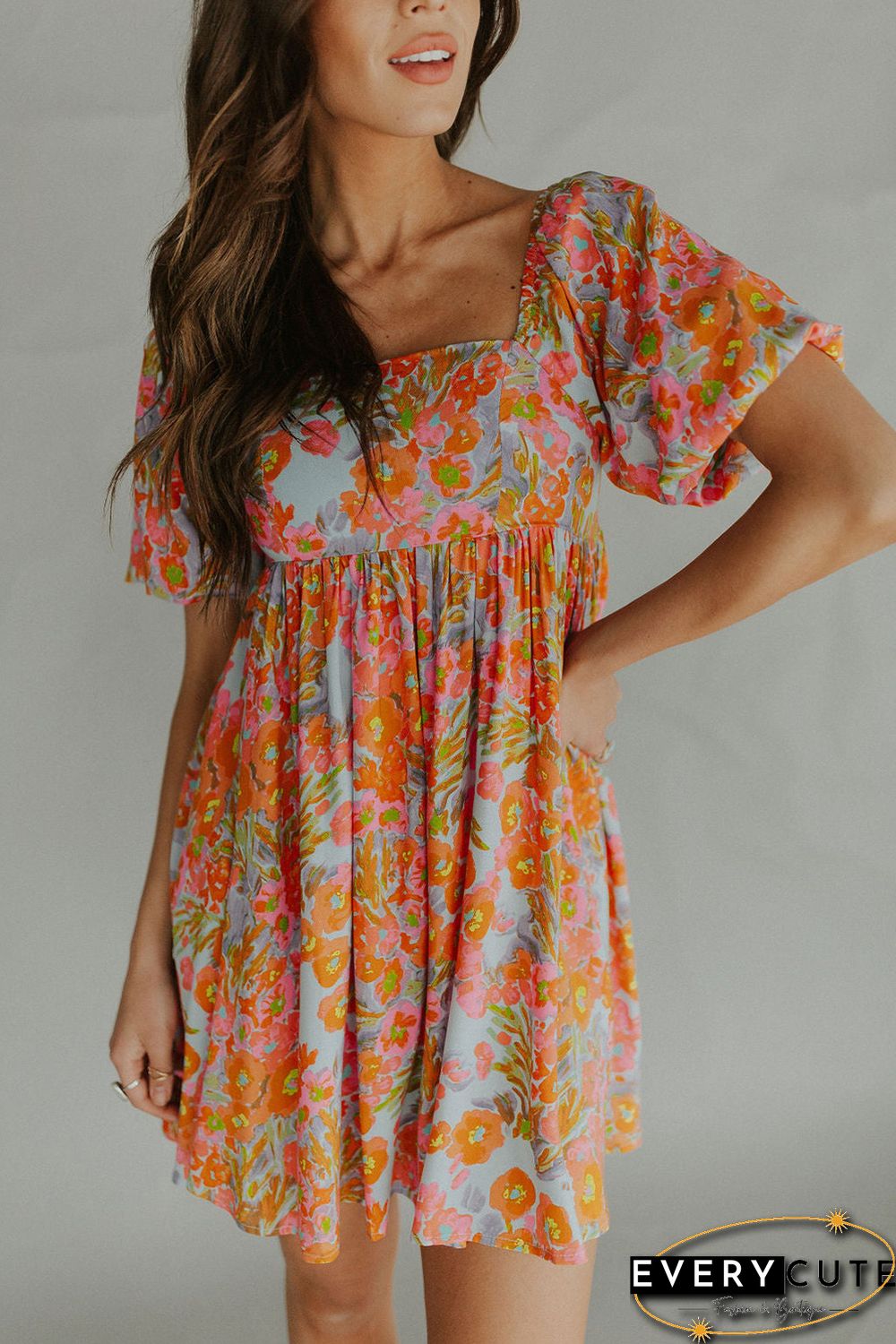 Orange High Waist Square Neck Puff Sleeve Floral Dress