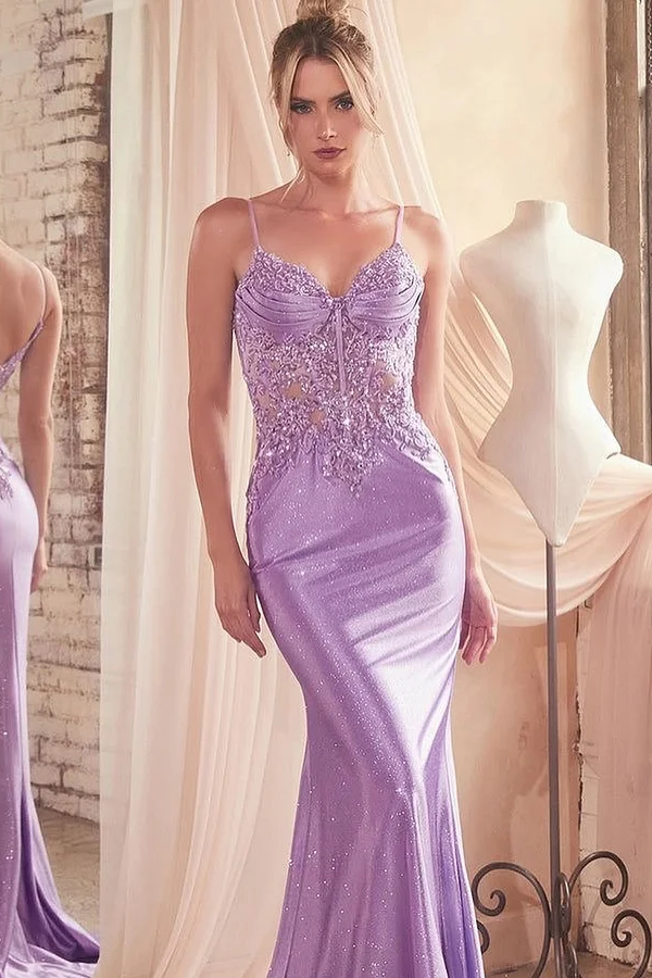 Daisda Purple Sleeveless Spaghetti Straps Mermaid Sequins Embrpidery Prom Dress