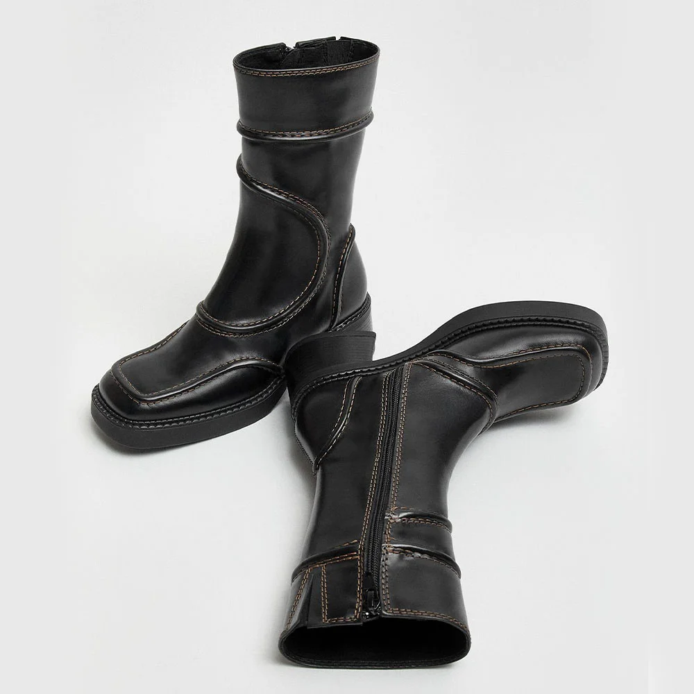 Black Vegan Leather Square Toe Mid Calf Boots with Chunky Heel