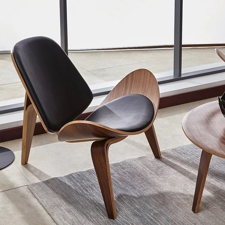 Homemys Shell Chair Single Side Chair Tripod Black Leather Lounge Chair in Walnut Finish