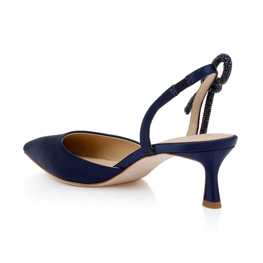 Navy Satin Slingback Low Heel Pumps with Crystal Draped Bow