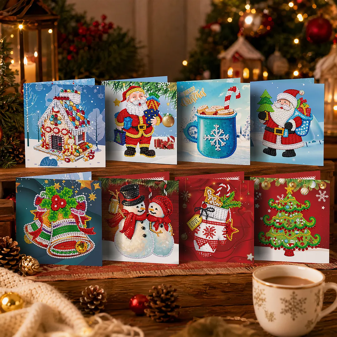 8PCS Merry Chrismas DIY Diamond Painting Greeting Card Kits with Envelopes Diamond Art Greeting Cards Diamond Art Cards Kits for Adults DIY Crafts Family Friend Gifts