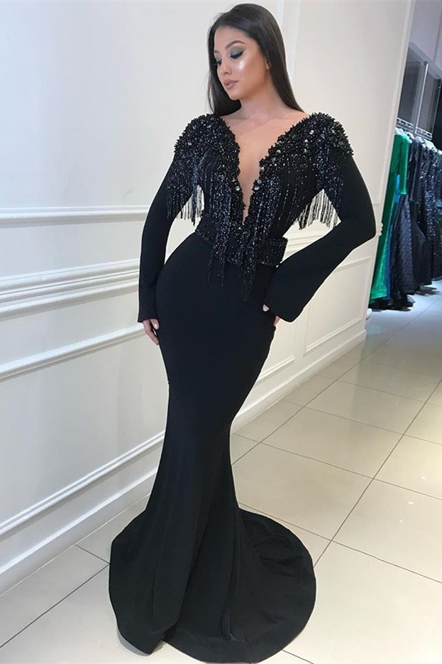 Dresseswow Black V-Neck Long Sleeves Mermaid Prom Dress Open Back With Tassels