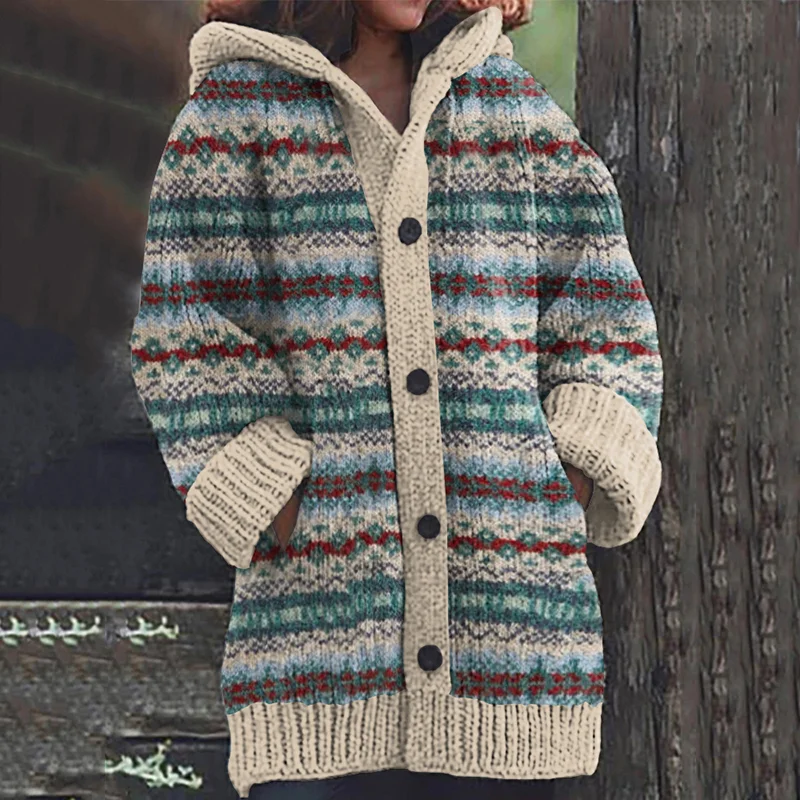 Retro Ethnic Pattern Contrast Sweater Cardigan