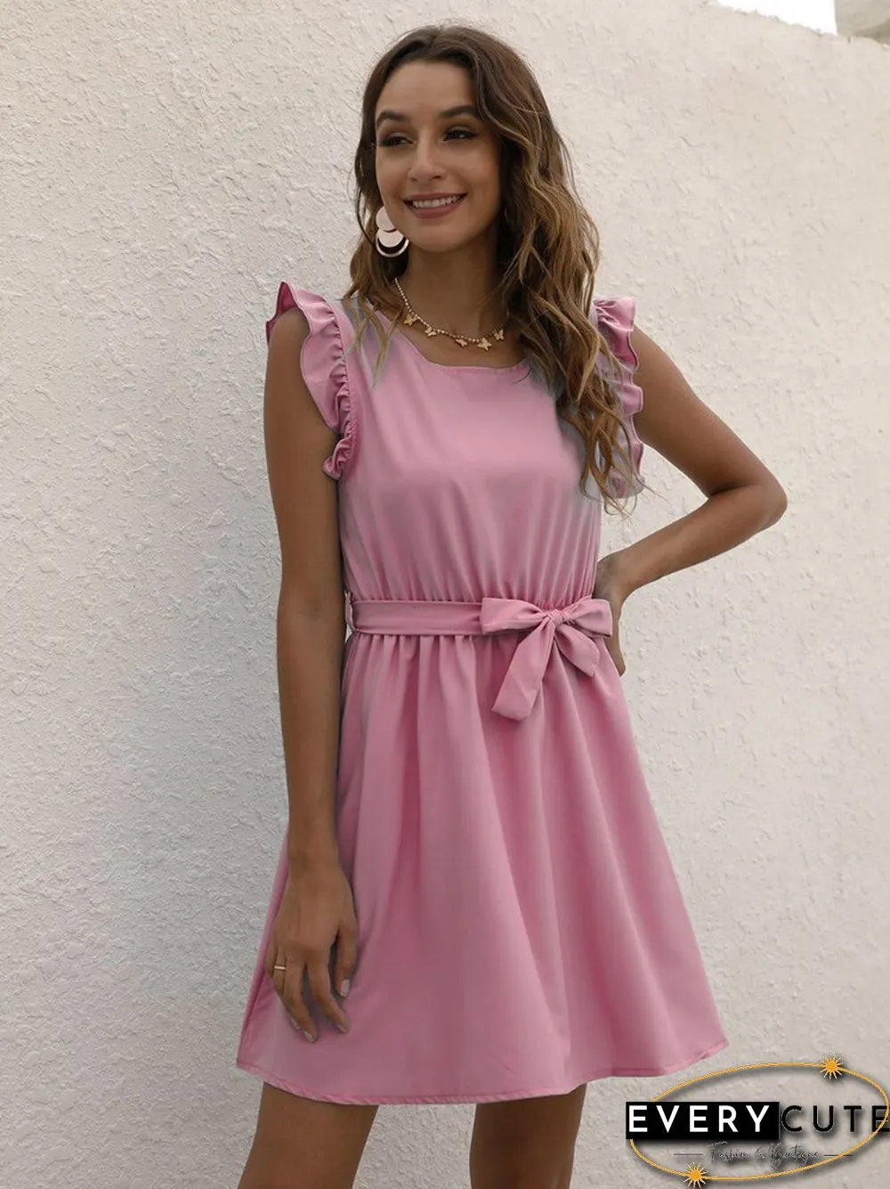 Summer Casual Dress Solid Color Round-neck Waist Ladies Skirt Temperament Commuter Office