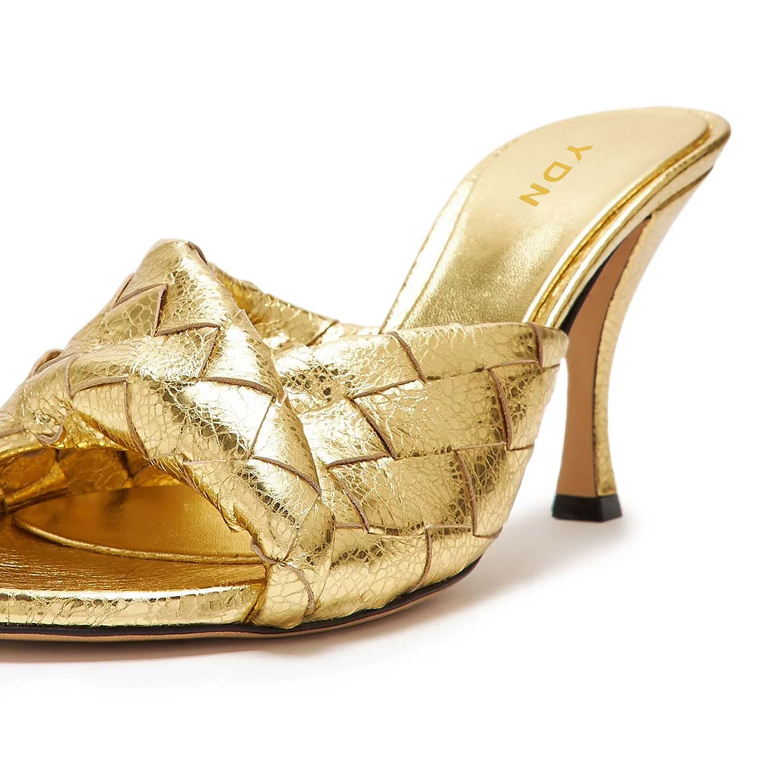 YDN Woven Straps Slip-On Open Toe Spool Heel Gold Sandals