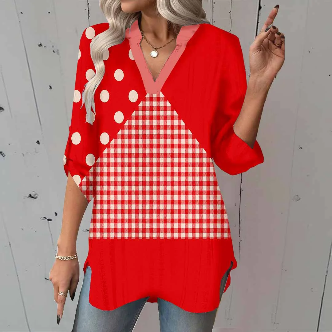 Women Striped,Polka-Dot,Red DZGA0302 3/4 Sleeve V-neck Printed Graphic Button Tops