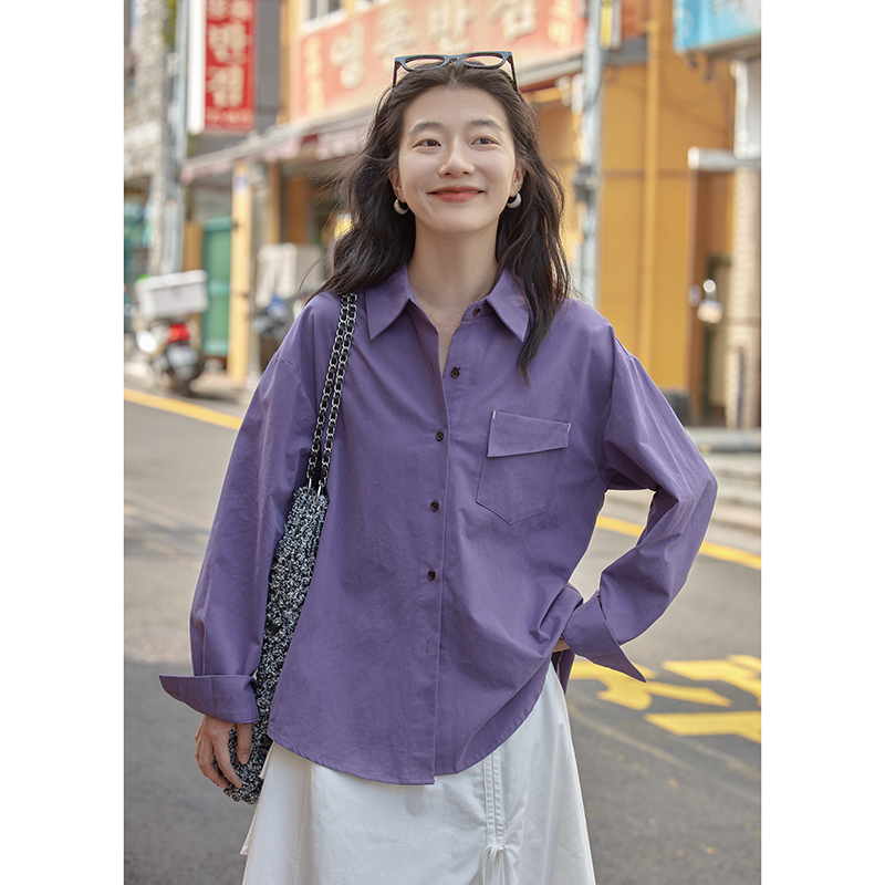 Loose Long Sleeve Purple Shirt Women's Korean Sle Design Spring Outerwear Casual Straight Cut Commute Fashion Single Button