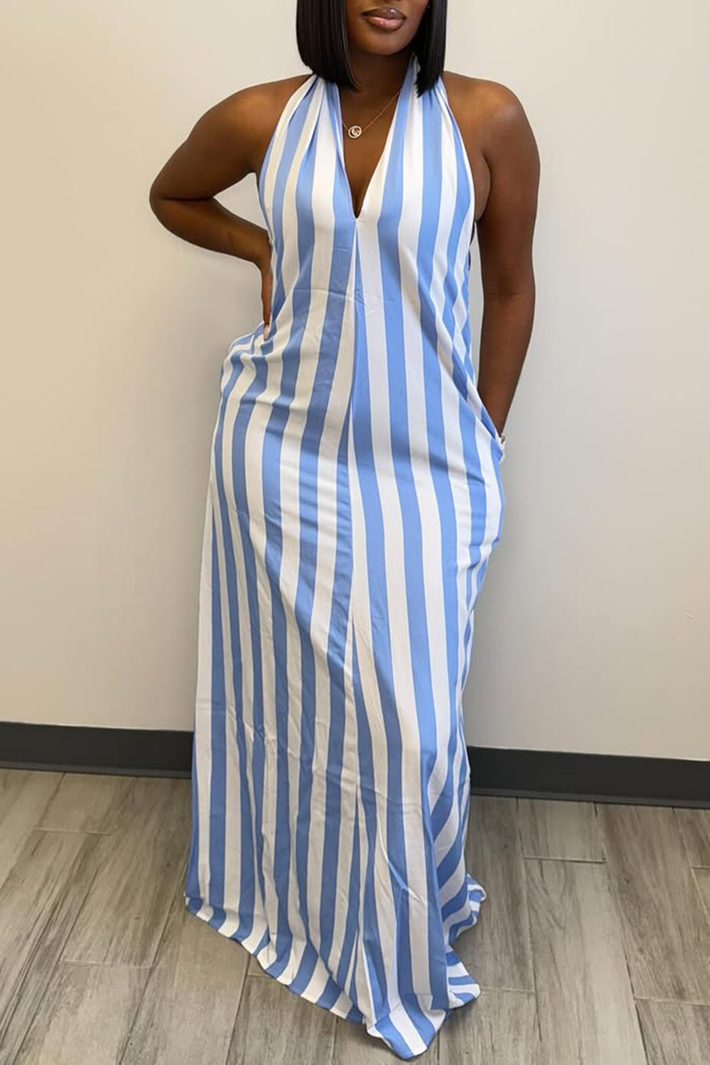 Plus Size Vacation Red Sundress Striped Halter Collar Zipper Backless Maxi Dresses [Pre-Order]