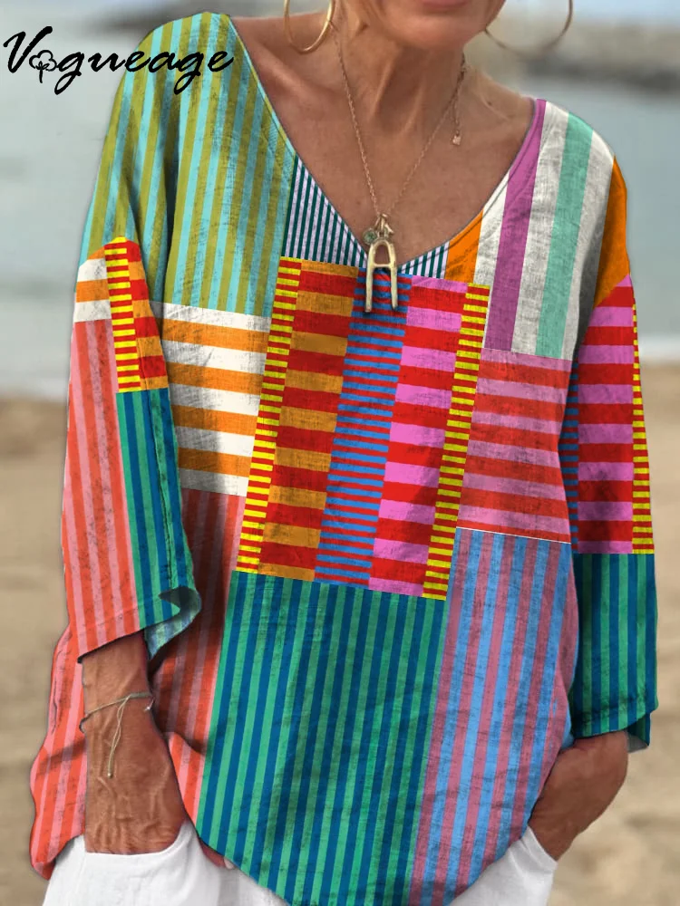 Bright Color Line Grid Stitching 3/4 Sleeves Printed Cotton And Linen Shirt